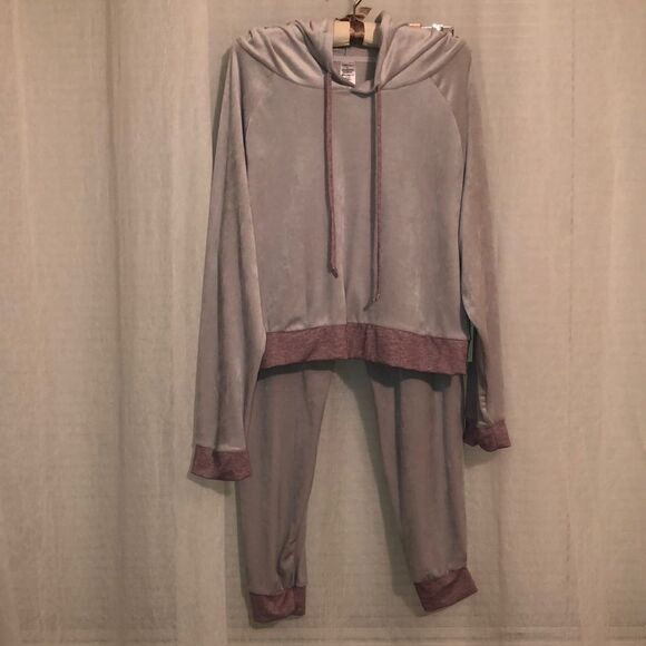 C&C California L Gray Mauve Pink Velour Jump Suit Lounge Crop Hoodie Set - Picture 1 of 12